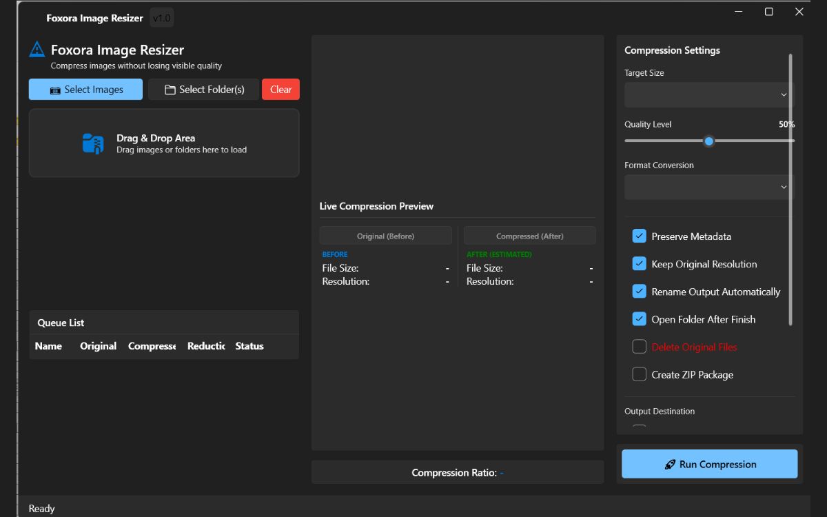 Foxora Image Resizer — desktop app screenshot